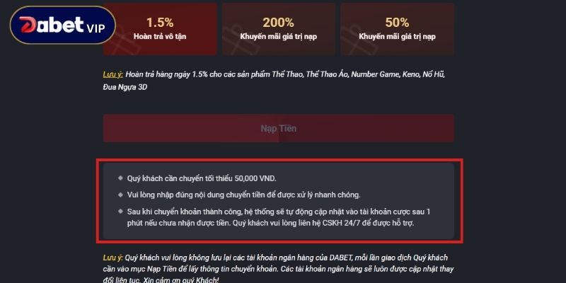 Lưu ý khi nạp rút tiền Dabet đảm bảo thành công 100%